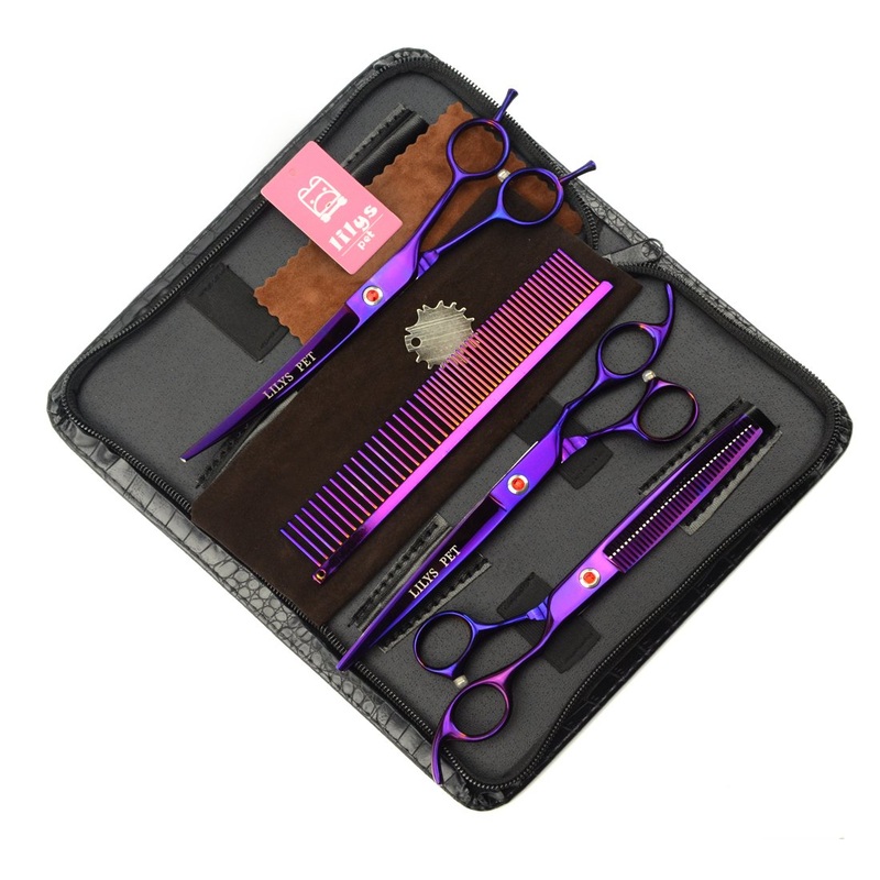 LILYS PET Professional PET Grooming Scissors Kit,Coated Titanium,Sharp and Strong Stainless Steel Blade for Dogs Cats Hair Cutting,3 Pieces of Scissors with a Comb and a Case (7.5 inches, Purple) 7.5 inches
