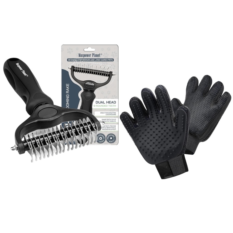Maxpower Planet Hair Brush & Grooming Gloves for Dogs and Cats – Black