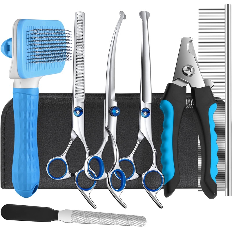 Odoland Dog Grooming Scissors Set Include Dog Slicker Brush, Pet Nail Clippers, Safety Round Tip Pet Grooming Shears for Kit Small Dogs Large Dog and Cats