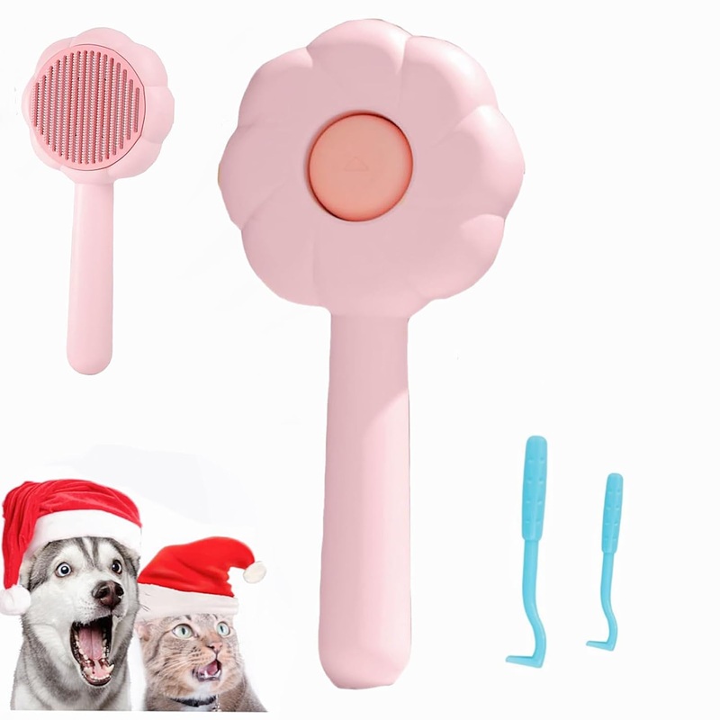 Pet Grooming and Shedding Brush for Cats, Dogs, and Bunnies – Easy to Remove Loose Undercoat, Massaging Tool for Long and Short Hair (Pink Flower) Pink Flower