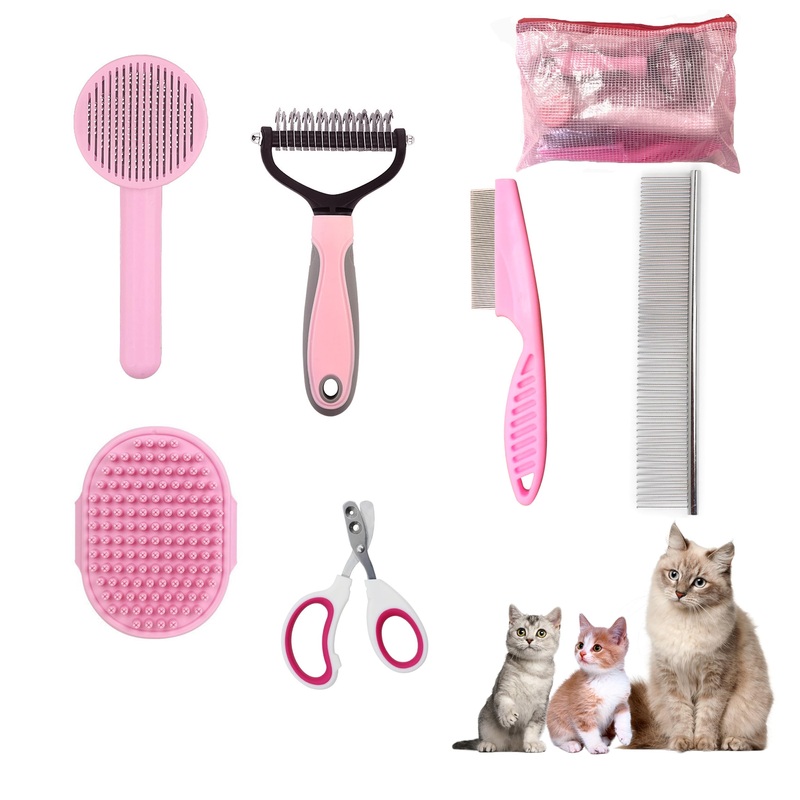 Pet Grooming Kit for Cats and Small Dogs, 6-Piece Brush Set with Flea Comb, Shedding Tools for Long Hair (Pink) Pink