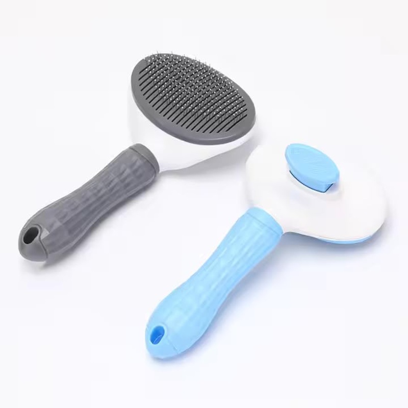 Self-Cleaning Pet Brush – One-Click Release Dog and Cat Grooming Tool with Oval Design for Easy Deshedding and Massage, Available in Sky Blue and Grey