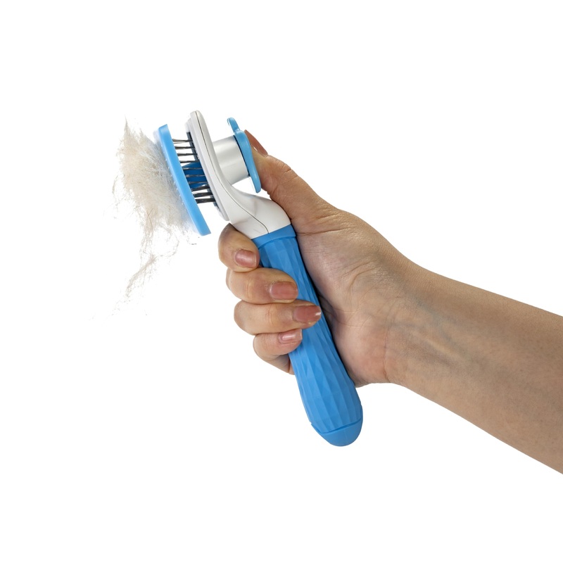 Self Cleaning Slicker Brush – PINK/GREY/BLUE – 1Pc- Pet Grooming Shedding Brush for Dogs and Cats – Remove Loose Undercoat & Tangles – Massaging Tool for Long or Short Hair Blue