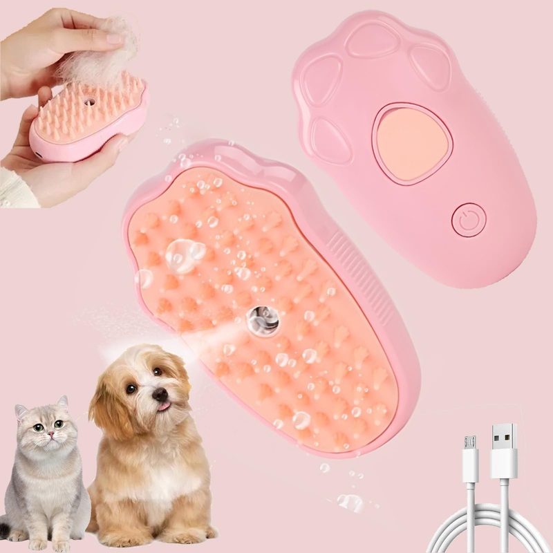 Steamy Cat Brush, 3 in 1 Cat Steam Brush for Shedding, Spray Cat Brush, Self Cleaning Cat Steam Brush for Massage,Clean and Removing Loose Hair (Pink) Pink