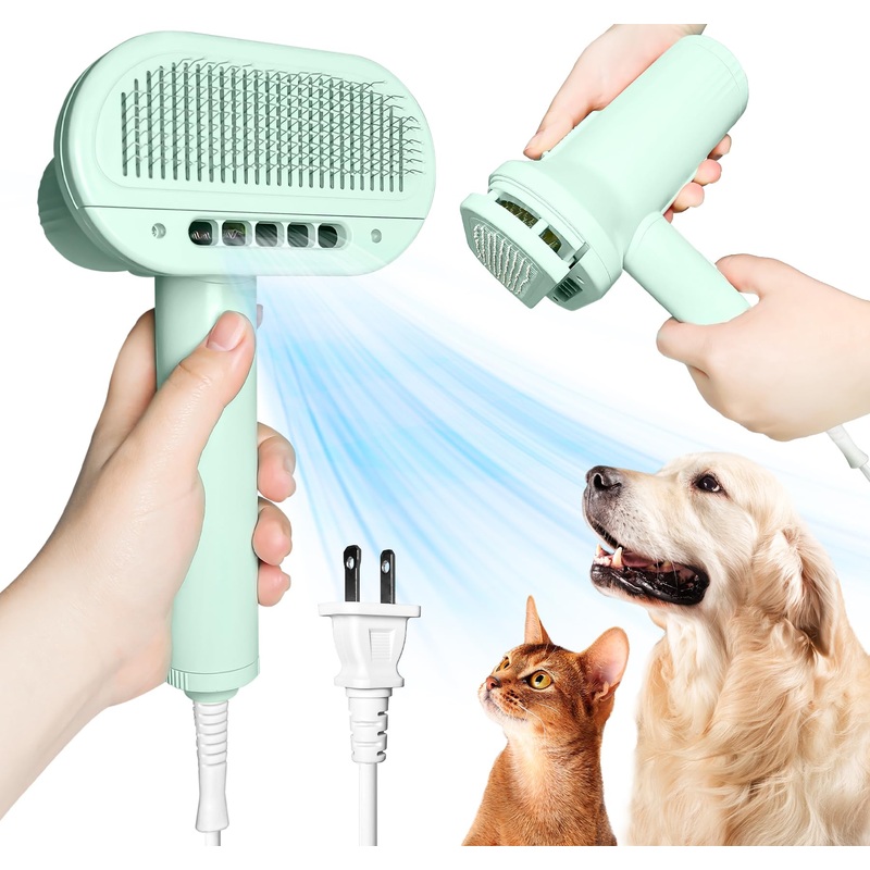2-in-1 Pet Dryer and Brush- Overheating Protection, 3 Blowing Modes, Low Noise- Ideal Dog Dryer for Pet Grooming, Small and Medium Dogs/Cats- Slim Handle- Dog Blow Dryer (green) green