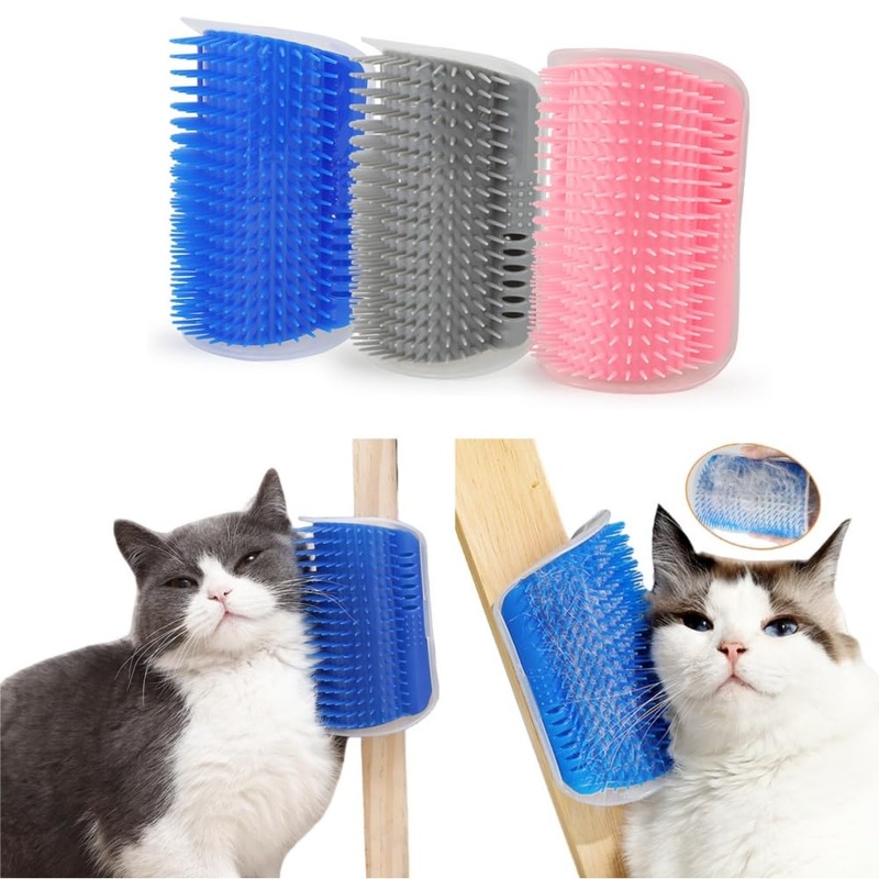 3 Pcs Cat Self-Groomer Soft Wall Corner Cat Grooming Brush Indoors Pet Scratcher Massage Comb with Catnip for Long Short Fur Dark blue + Grey + pink