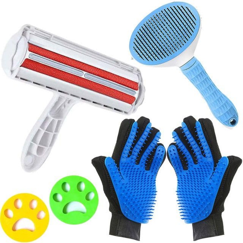 6 Piece Pet Hair Remover Kit Tools from Furniture Carpet, Laundry for Couch Car Clothes- Reuseable Dog & Cat Hair Fur Removal with Lint Roller, Laundry Cleaners, Self Cleaning Brush & Gloves