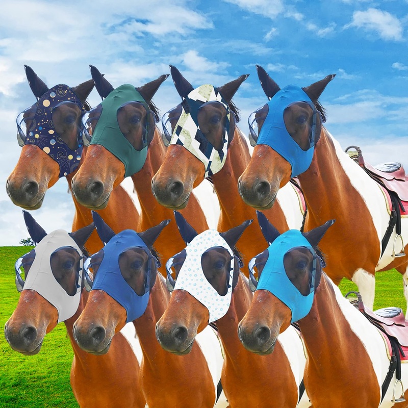 8pcs Super Comfort Fly Marsks for Horses -Horse FlyMask with Ears- Elasticity Fly Mask with UV Protection – L
