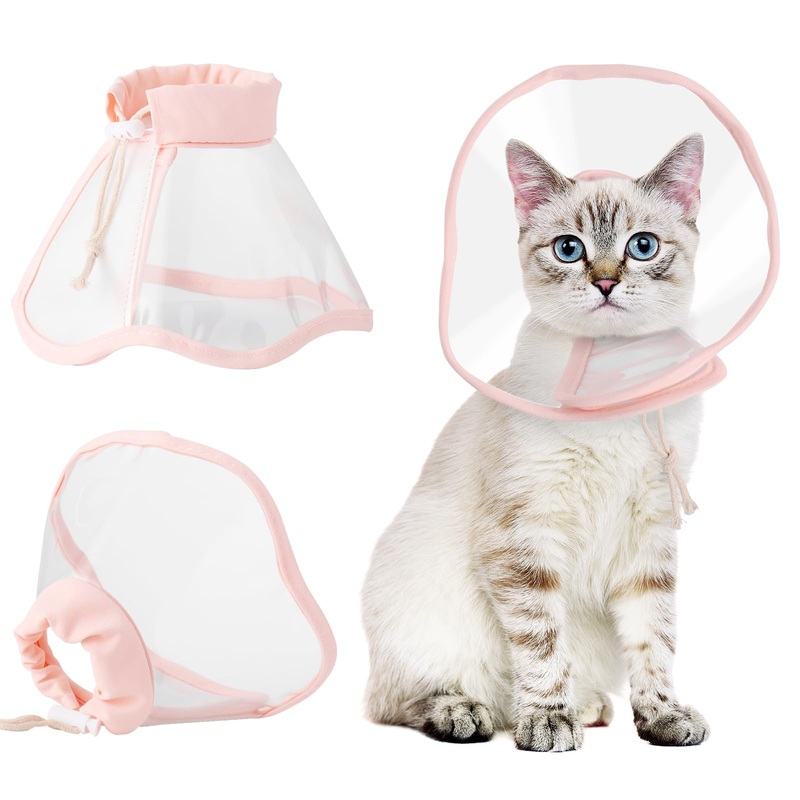 BENCMATE Cat Cone, Drawstrings Cat Cone Collar with Low Noise Fasteners, Transparent Cat Recovery Collar, Licking and Scratching Free Cone, Extra Soft Cat Surgery Collar (Pink,Medium) [Neck:9-10″] Medium Sakura