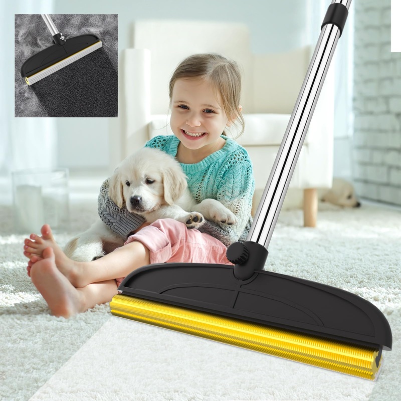 Carpet Rake for Pet Hair Removal, Reusable Dog Hair Remover with 46Adjustable Long Handle, Soft TPU & Metal Dog Hair Broom Cat Fur Brush, Carpet Scraper Remover Tool for Fluff Carpet, Bed, Rug 46.2″ White-gold