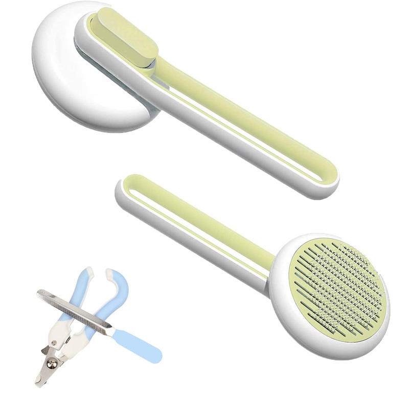 Cat Brush for Shedding and Grooming, Hair Brush for Short and Long Haired Dogs & Cats, Self Cleaning Pet Brush for Massage Removes Loose Undercoat (With Pet Nail Clippers & Nail File)-Green Hollow Green
