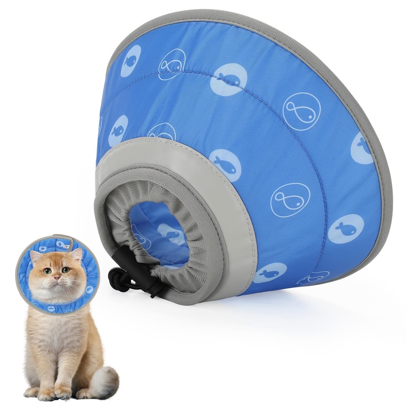 Cat Cone Collar Soft, Cat Cones to Stop Licking, Adjustable Cat Cone Water Resistant, Foldable, Adjustable, Lightweight (Blue Fish, Medium) Blue fish