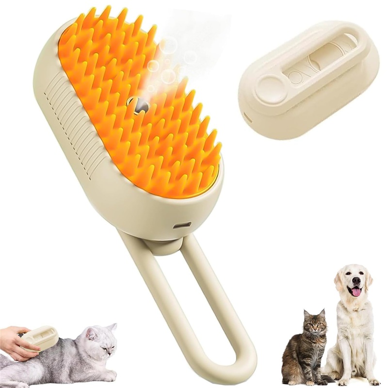 Cloud Care Cat Brush, 2024 Best Cat Steam Brush, Self Cleaning Steamy Cat Brush – 3 In1 Cat Steamy Brush, Pet Hair Cleaning Brush Comb with 360 Rotating Arm, Detachable Silicone Bristle Head(Khaki) Khaki