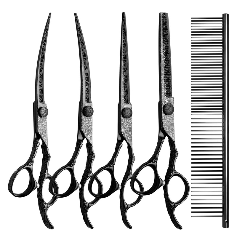 Dog Grooming Scissors,Black Curved Scissors with Safety Round Tips,5 in 1 Dog Scissors for Grooming,Professional Pet Grooming Shears Set for Dogs and Cats