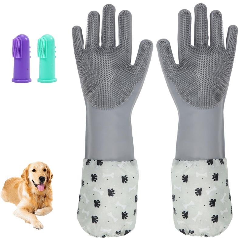 Dog Washing Gloves Finger Toothbrush,2-in-1 Pet Shower Set,Dog Bath Gloves with Extended Length,Comfortable Dog Bath Gloves for Gentle Bathing Efficient, Multifunctional Silicone Pet Gloves