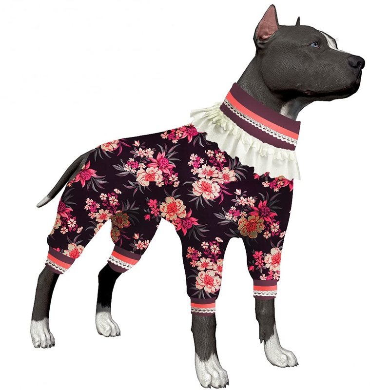 LovinPet Dog Pajamas for Large Dogs, UV & Post Operative Protection, 4 Legged High Collar Dog Onesies, Lightweight Stretchable Large Floral Plum Prints Large Dog Pajamas as Base Shirt for Dog Dresses XX-Large Black