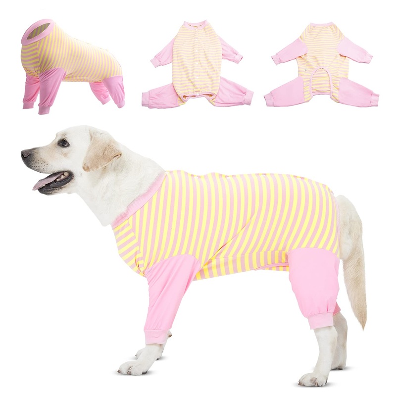 LovinPet Dog Recovery Suit for Large Medium Dogs – Full Coverage Dog’s Bodysuit Wound Protective Surgical for Abdominal Wounds After Surgery Anti-Licking Cut-Out Design of Abdomen,Buttons,XXL XXL Pink collar/Yellow