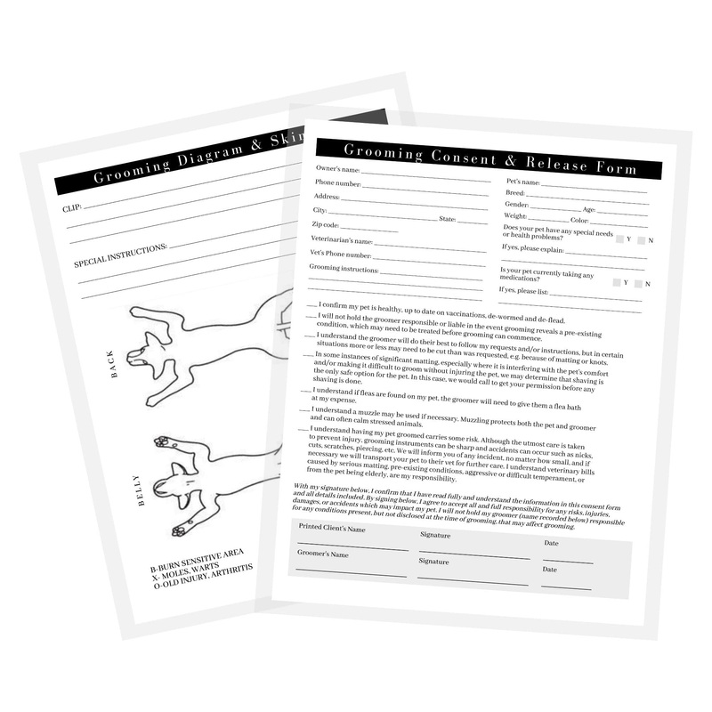 Pet Grooming Consent and Skin Mapping Groomers Diagram | 75 pk, 8.5 x 11 A1 | for Mobile Appointment Cards for Matted Fur Cards Dog Groomer New Client Intake Forms