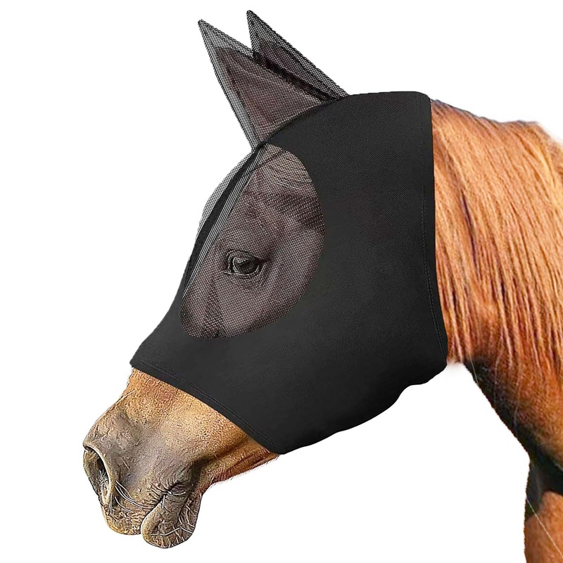 Prairie Horse Supply Horse Fly Mask with Ears – Super Comfort Stretchy Fly Mask Large Eye Space with UV Protection Soft on Skin with Breathability Leopard Print Full Size-Black 1PC Black