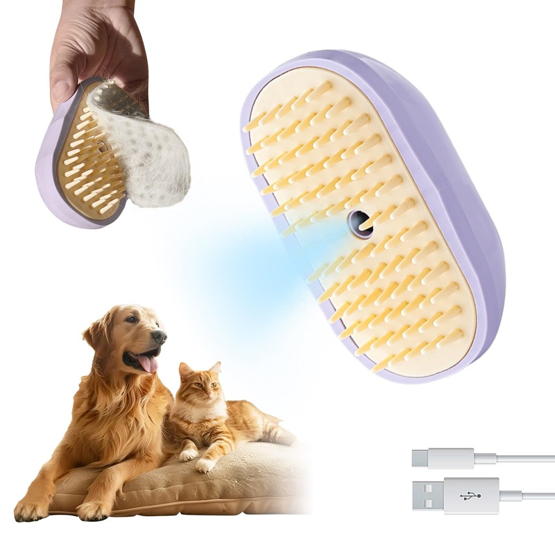 Soft 3-in-1 Silisone Steam Brush, Upgraded for Shedding, Cleaning and Spa Massage, Hair Remover, Best Water Spray Brush for indoor Long or Short Haired Cat, Dog and Rabbit (Purple) Purple
