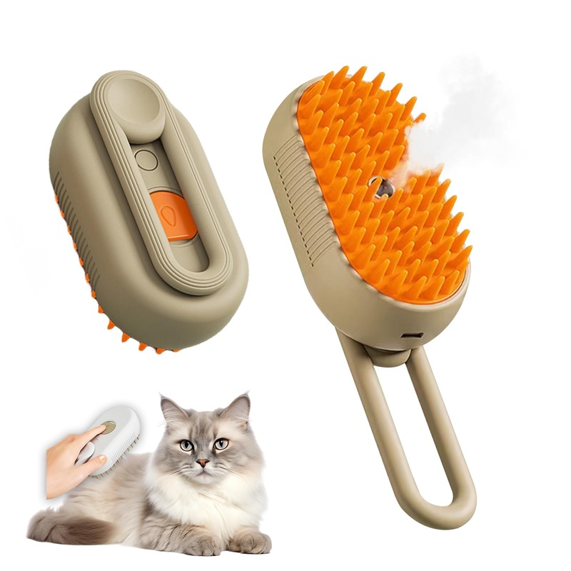 Steam Brush for Cats & Pets – 3 In 1 Steamer for Grooming, Deshedding, and Taming Animal Fur (Brown) Brown