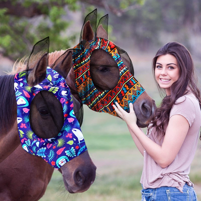 Weewooday 2 Pieces Horse Fly Masks for Horses Soft Fly Masks for Horses with Ears Smooth and Elasticity Fly Mask with UV Protection(L, Tribal Grid Patterns) L