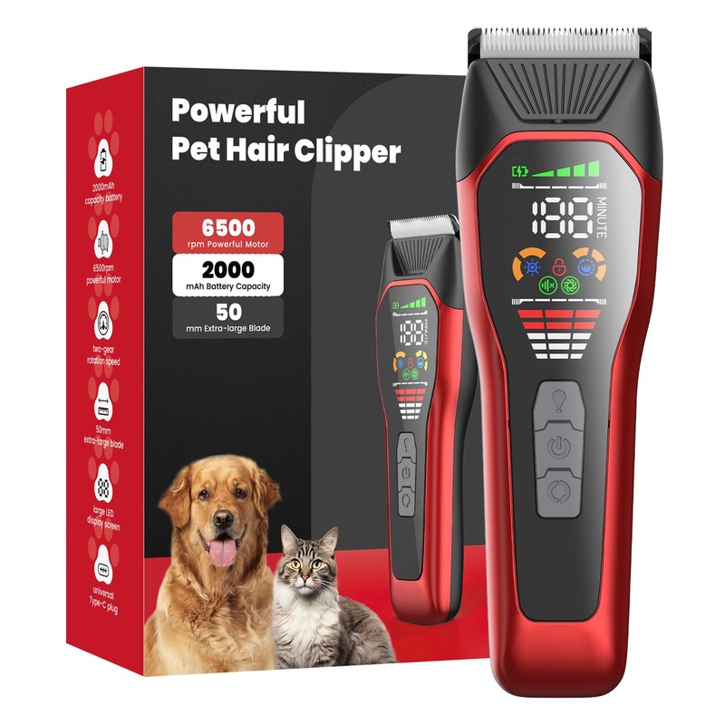 Wide Blade Dog Cat Clippers – Professional Cordless Grooming Tools for Thick Coats – Low Noise Pet Hair Trimmer Kit Ts066-red+black