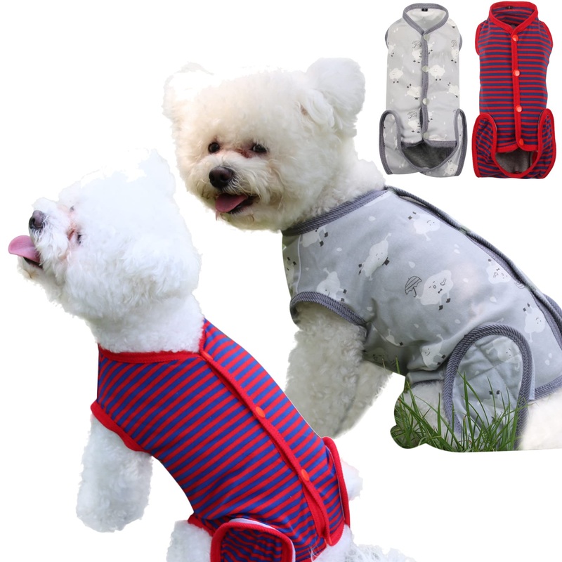 2Pcs Dog Surgery Recovery Suit Substitute E-Collar & Cone,Recovery Onesie Puppy Surgical,Cat Recovery Shirt Dog Wounds Bandages Prevent Licking Dog,XS X-Small(Pack of 2) 2Pcs(Red Stripe+Grey Print)