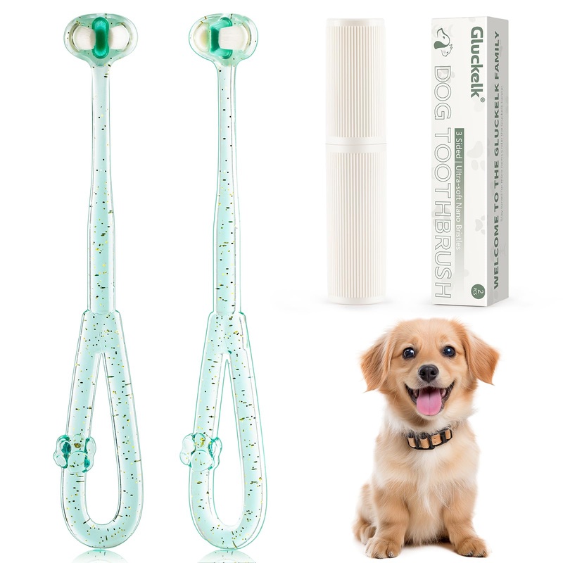 3-Sided Dog Toothbrush, Pet Toothbrushes, Pet Dental Care Oral Hygiene, Ultra Soft Nano Bristles for Your Pet’s Sensitive Teeth and Gums, for All Dogs, 2-Pack Crystal-green