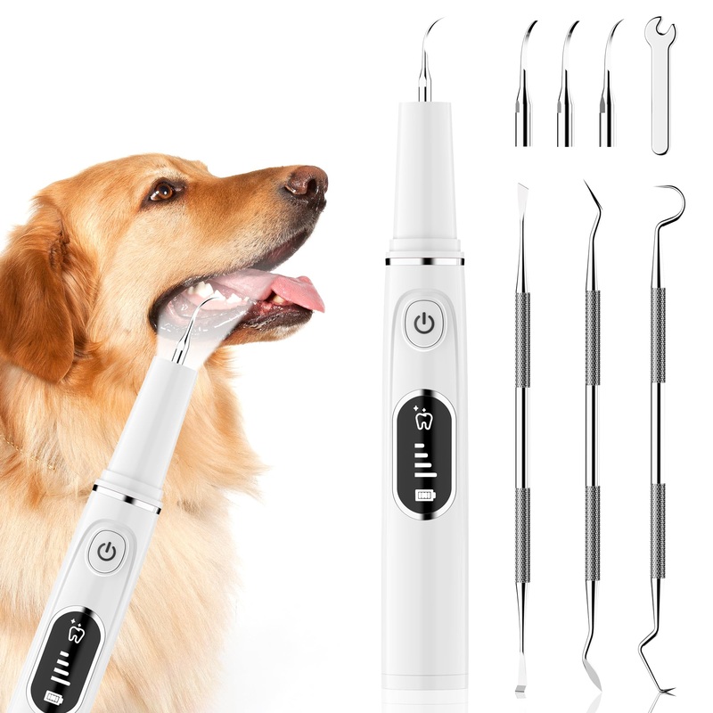 AAU Dog Plaque/Tartar Remover for Teeth – Rechargeable Safe Pets Ultrasonic OLED Screen Tooth Brushing Kit for Canine/Cat/Dog Teeth Cleaning, with Canident Dog Tartar Remover, 3 Replacement Heads