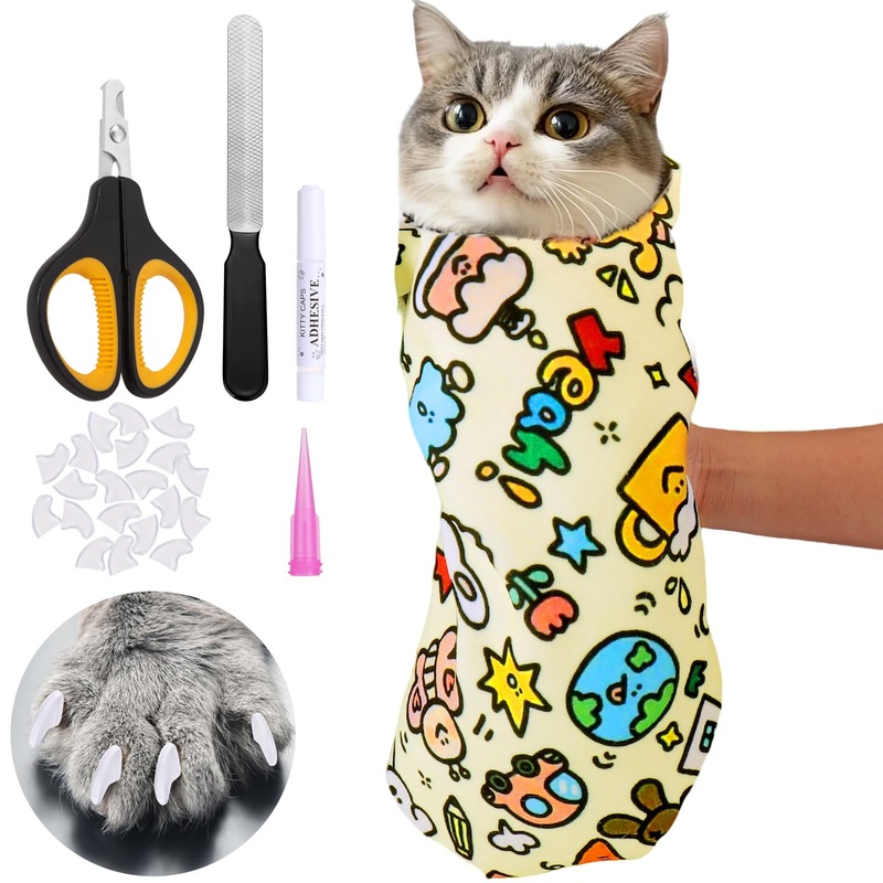 BABORUI Cat Grooming Wrap for Cutting Nails – Self-Adhesive Cat Swaddle Wrap with Nail Clipper Nail Cover, Anti-Scratch Cat Burrito Wrap for Nail Trimming, Cat Grooming Supplies