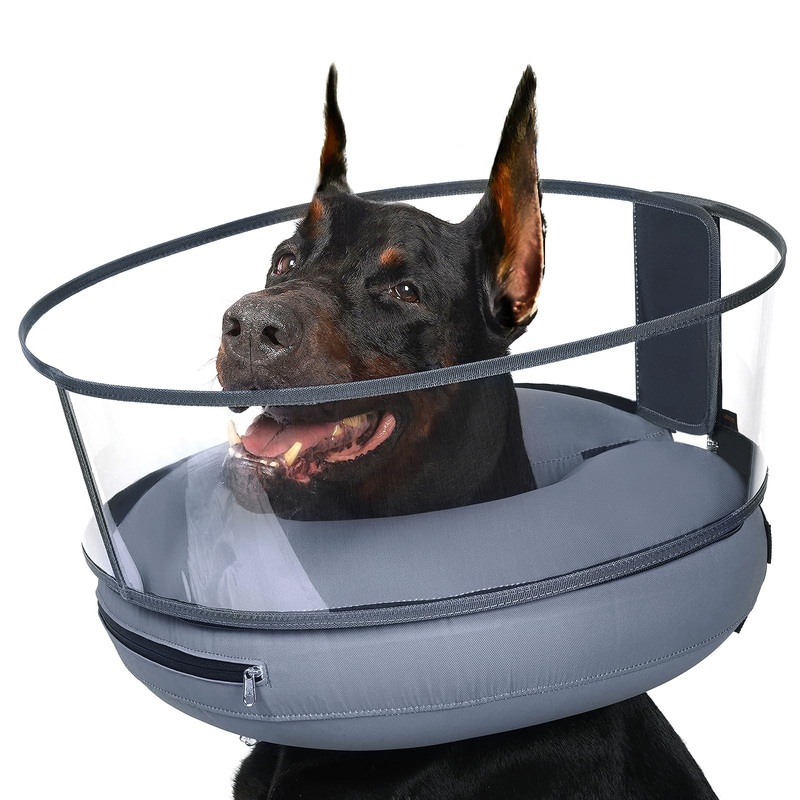 BARKLESS Inflatable Cone for Large Dogs, Soft Dog Donut Collar After Surgery to Stop Licking, Large Inflatable Collar with Clear Anti-Licking Shield, Cone of Shame Alternatives XL Grey