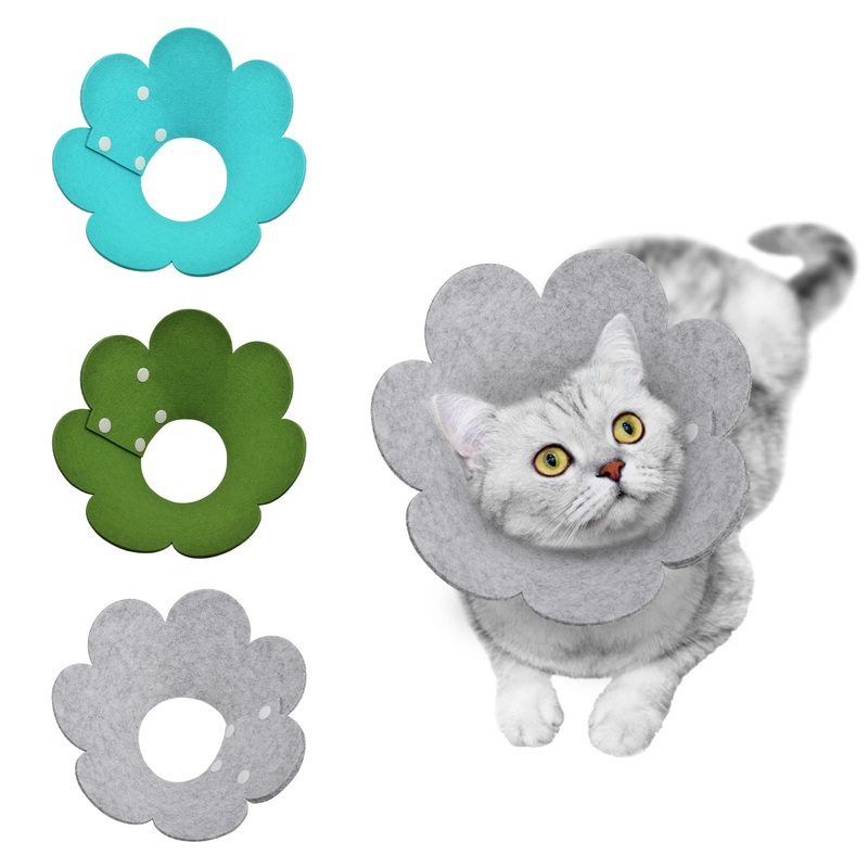 Cat Recovery Collar, 3 PCS Adjustable Flower Cat Cone Collar Soft Pet Cone Recovery Collar with Sun Flower Shape for Cats Kitten Puppies, Blue-Green, Olive Green and Gray Light Color