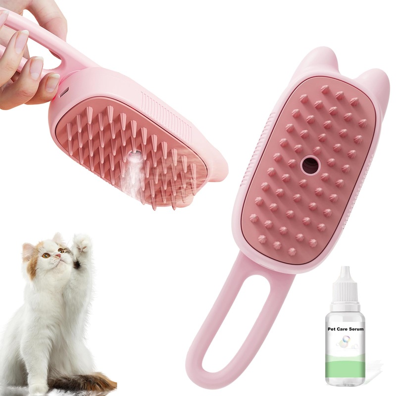 Cat Steam Brush, 3 in 1 Multifunctional Silicone Steam Brush for Dogs, Advanced Mist Technology for Shedding and Cleaning, Pink