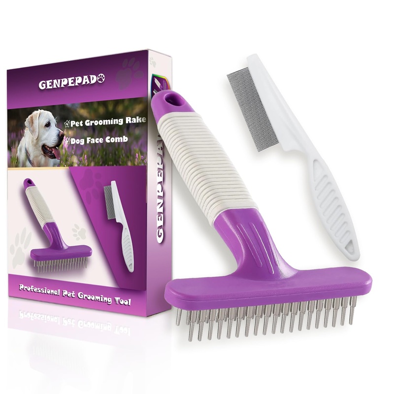 Dog & Cat Grooming Rake for Deshedding, Brushing and Detangling – Double Row Stainless Steel Pins Dematting Tool for Removing Loose Undercoat & Tangles, Reducing Shedding in Medium or Long-Haired Pets