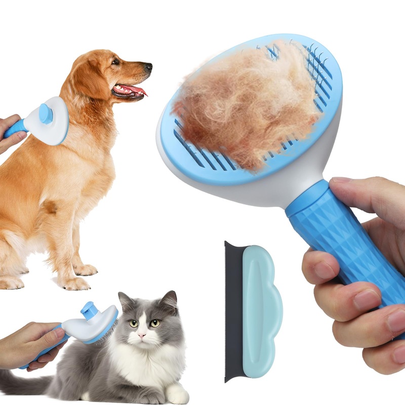 Dog & Cat Hair Brush, Self Cleaning Slicker Brush for Grooming Long & Short Haired Pets, Easy to Remove Loose & Tangles Undercoat, Suitable for All Breeds & Sizes, Promote Circulation