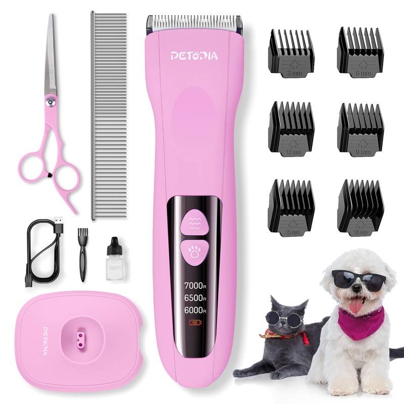 Dog Clippers for Grooming – Low Noise Electric Dog Trimmer Cordless Rechargeable Dog Hair Clippers, 3-Speed & LCD Dog Grooming Kit for Dogs Cats Pets (Pink)
