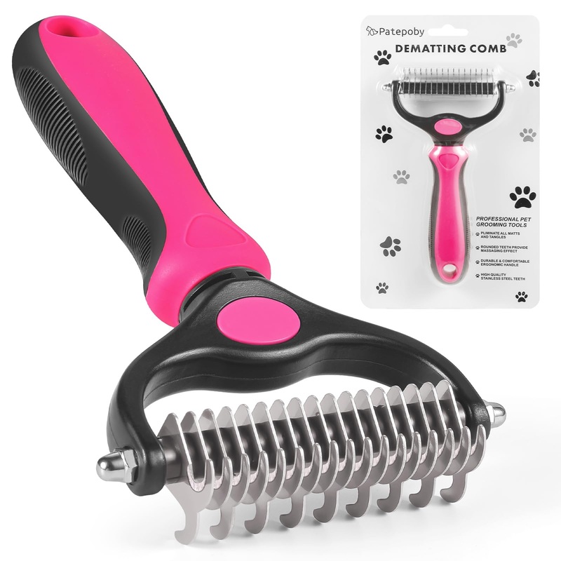 Dog Combs,Dog Deshedding tool,Dematting Comb for Dogs,Pet Hair Grooming,Reduced Floating hair,Prevent Hair from Tangling,9-tooth+17-tooth Double-Sided Hair Removal(Pink) Pink