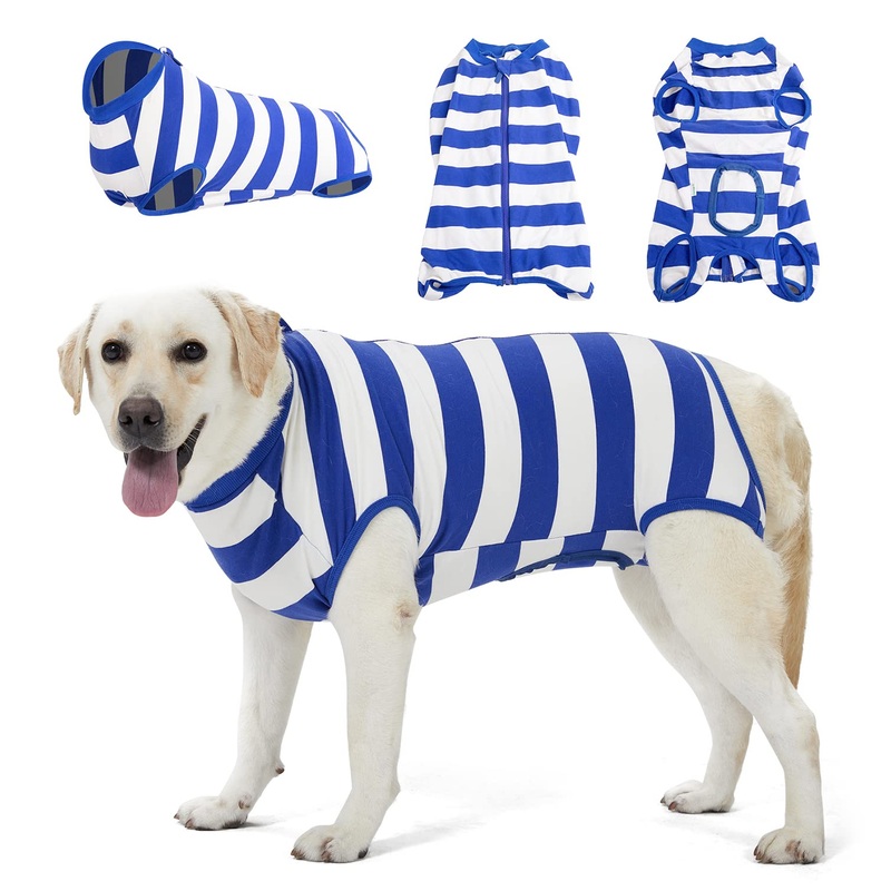 LovinPet Dog Recovery Suit for Large Medium Dogs – Bodysuit Onesie for Shedding Skin Disease Cut-Out Design of Abdomen Pet Pajamas Dog Anti Licking Snugly Suit for Abdominal Wound After Surgery,3XL 3XL Blue collar/White