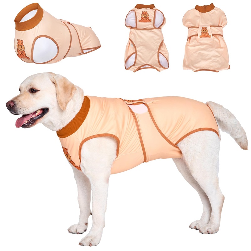 LovinPet Dog Recovery Suit for Large Medium Dogs – Wound Protective Surgical Recovery Snugly Suit for Abdominal Wounds After Surgery Anti-Licking Dog Onesies,Hippo,Orange,XXL XXL Brown collar/Yellow