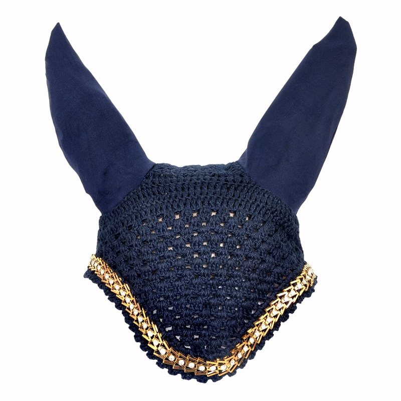Manaal Enterprises Horse Soft Crochet Breathable Cotton Ear Net Hood Ear Protector Bonnet Equestrain with Piping Cotton Black Horse Fly Veil Sizes : Full, Cob & Pony (Full, Blue)