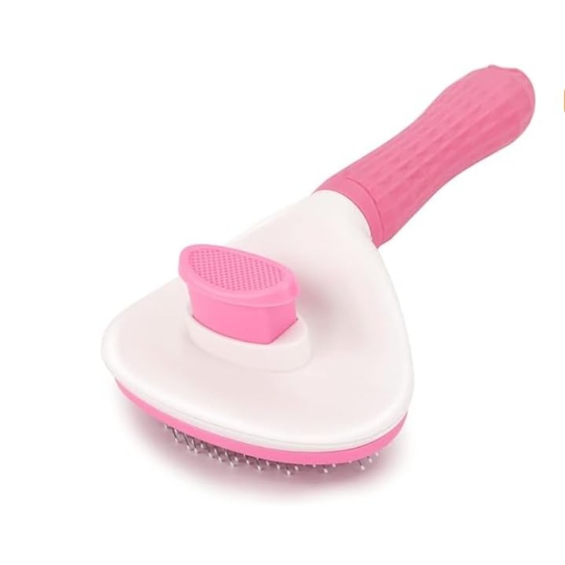 Self cleaning sliding brush, cat comb pet massage tool for all long or short pets, hair cleaner, removing tangled and loose hair, cat brush with release button (Pink) Pink