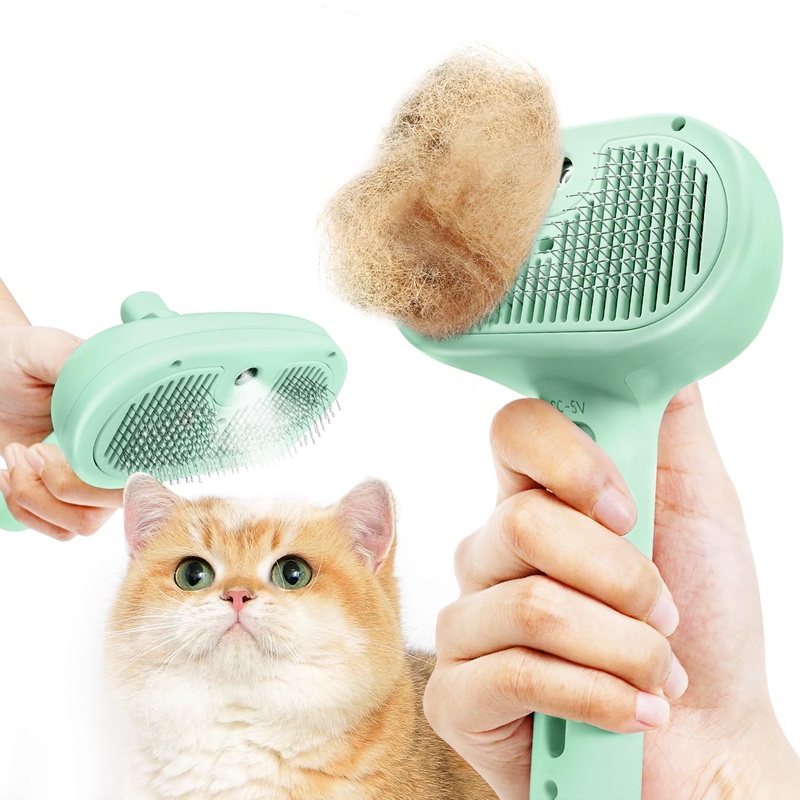 Spray Cat Brush for Shedding, Pet Grooming Brush Remove Static Flying Hair, Self Cleaning Pet Brush with Release Button for Long and Short Dogs Cats Rabbit Massage – Green