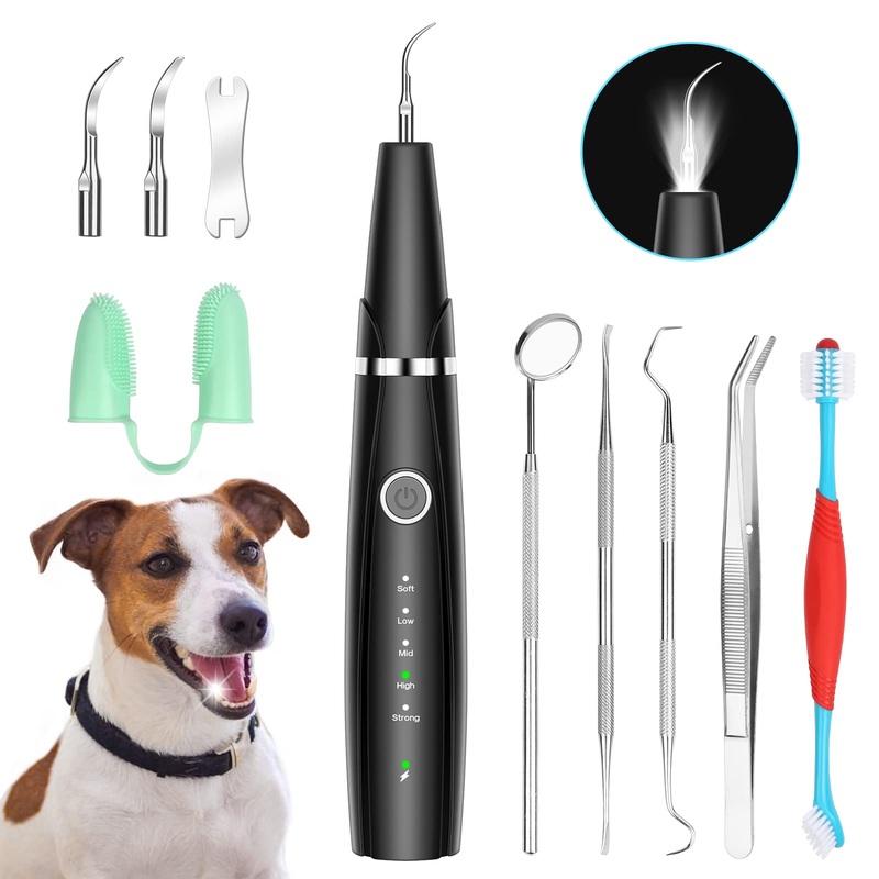 Ultrasonic Dog Teeth Cleaning Kit for Pet Teeth Cleaning, Dog Plaque Remover for Teeth, 5 Modes Dog Tartar Remover for Teeth Care to Remove Stains Calculus, 10 in 1 Pet Cleaner Toothbrush (Black) Black