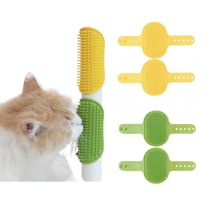 4 Pieces Cat Self Groomer Cat Brushes Silicone Cat Combs for Indoor Cat Corner Cat Face Scratcher Adjustable Cat Massager (Green+Yellow) Green+Yellow