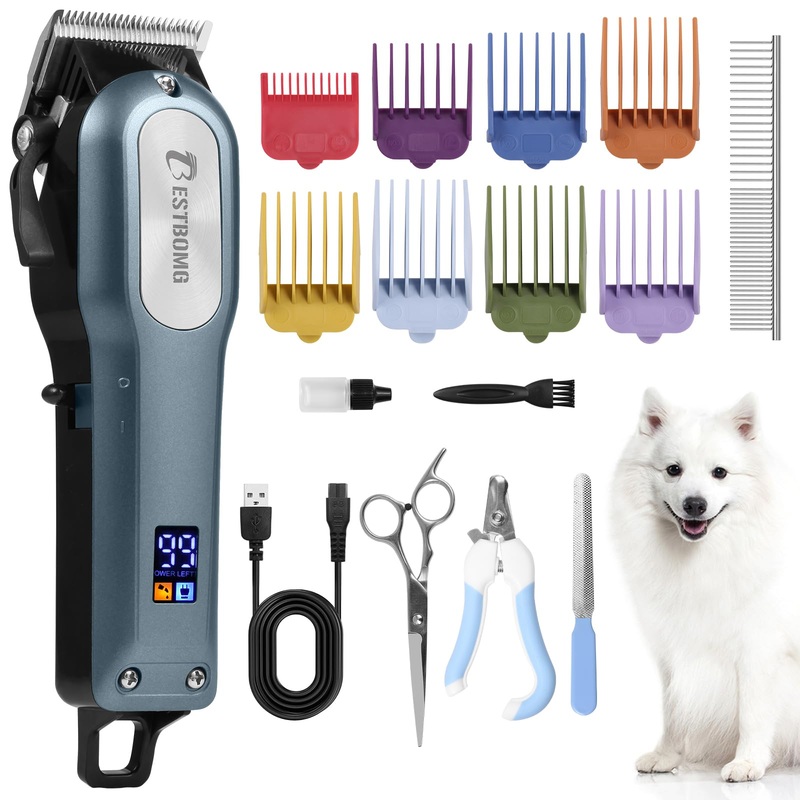 BESTBOMG Professional Dog Grooming Clippers for Thick Heavy Coats Low Noise High Power Rechargeable LED Display Cordless Pet Shaver for Small & Large Dogs Cats Dogclipper Kit1