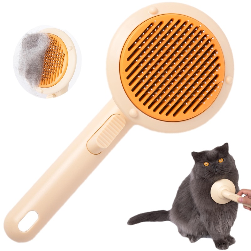 Cat Brush With Release Button Self Cleaning Cat Hair Brush Flea Comb Cat Brush For Shedding Indoor Cat Long Haired Short Haired Dog Grooming Supply Cat Essential Hangable UFO Shape (yellow) yellow