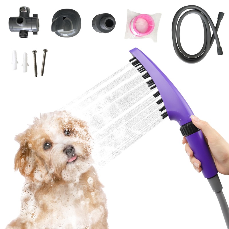 Dog Shower Head, 4 Modes Dog Washing Shower Attachment, Dog Shower Sprayer with 79″ Hose & Rubber Soft Brush Pet Bathing & Grooming Supplies for Pets (Purple) Purple