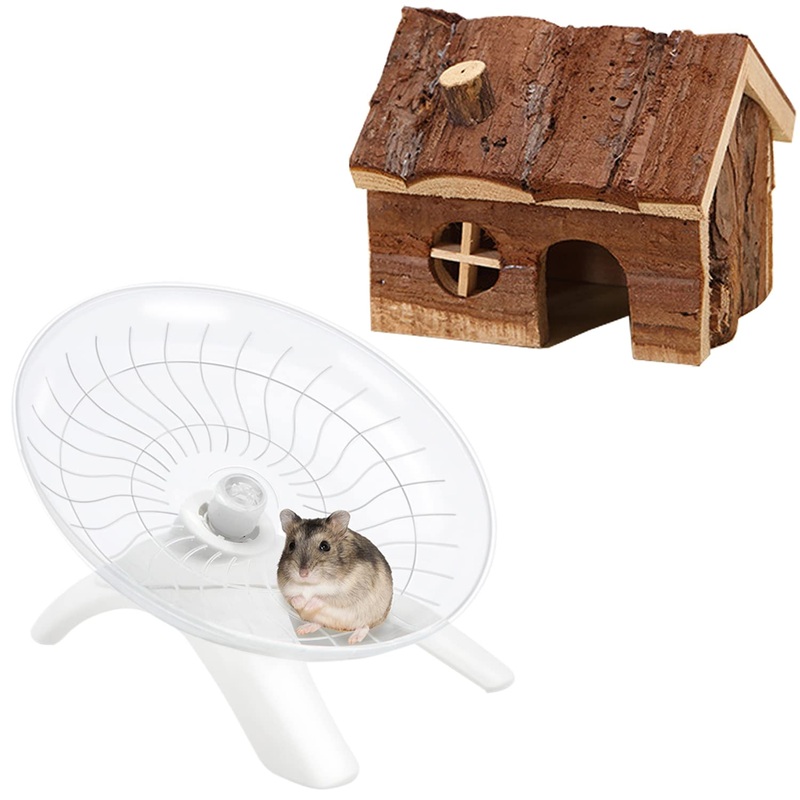Hamster Wooden House Small Pets Hideout + Flying Saucer Silent Running Exercise Wheel for Dwarf Hamster Russian Robo