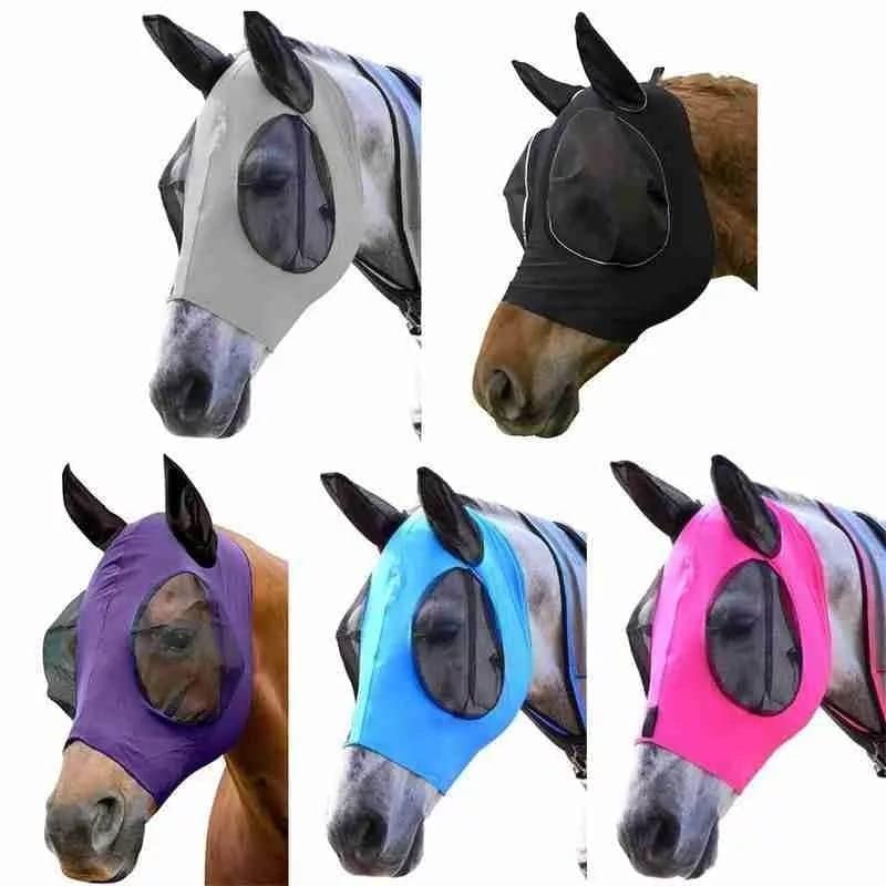 Horse Fly Flying Mask Ears Full Face Mesh Protection Anti-UV Mosquito Insect (Sky Blue) Sky Blue